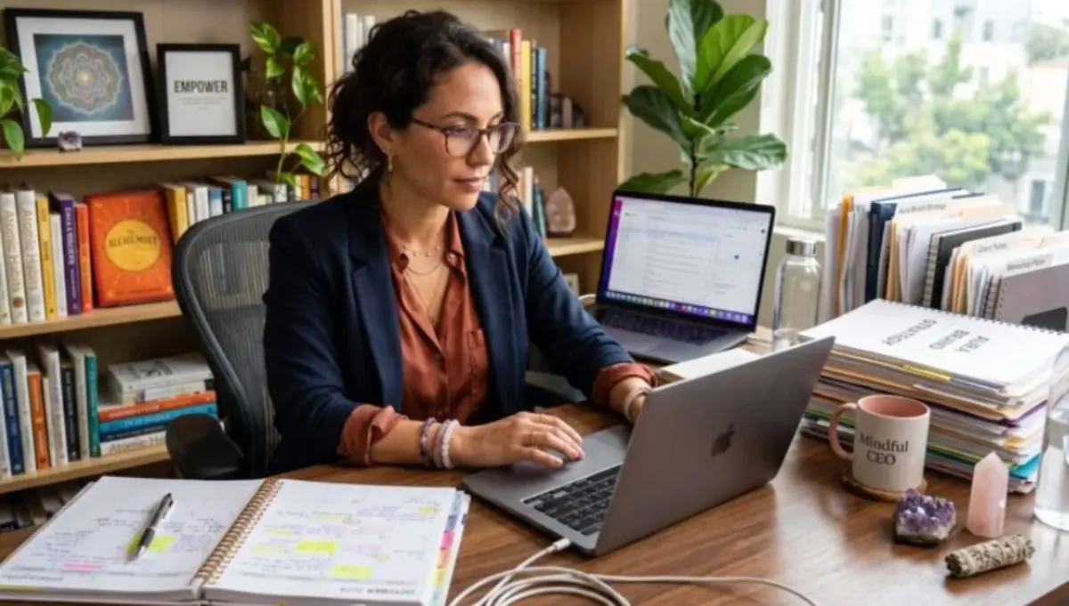 Spiritual entrepreneur planning content, services, and client bookings at a professional workspace